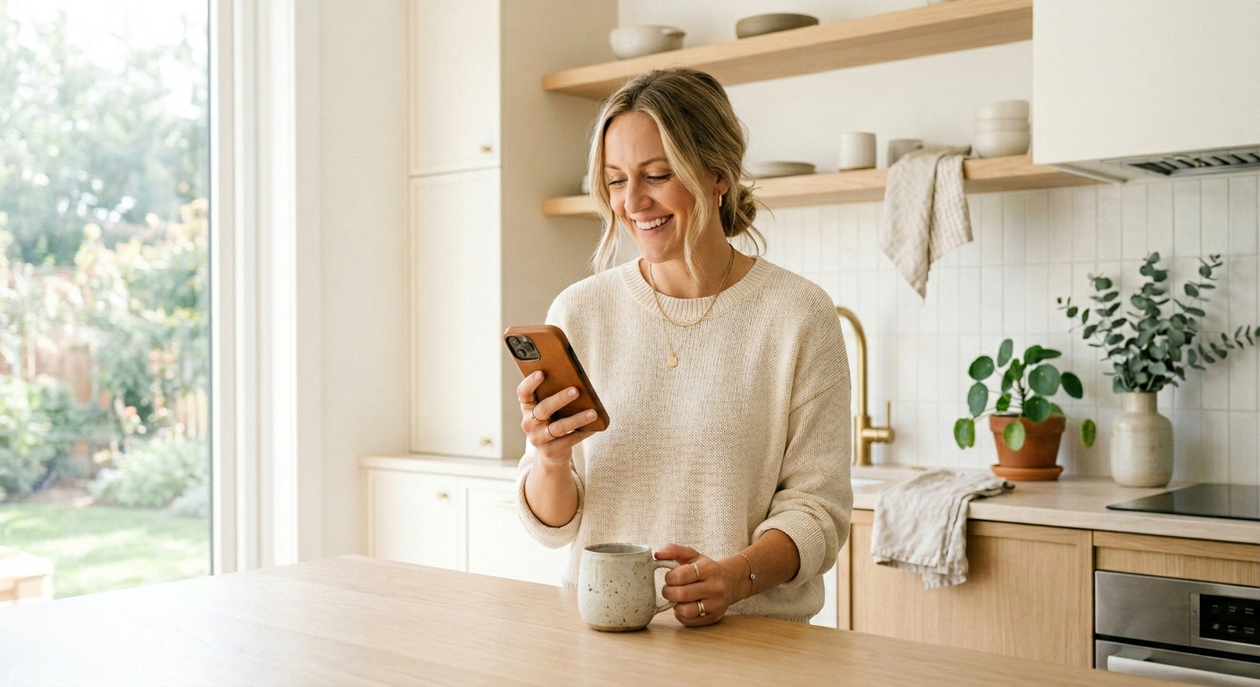 Mother looking at her synchronized family calendar dashboard layout on her mobile smartphone in a beautiful kitchen space